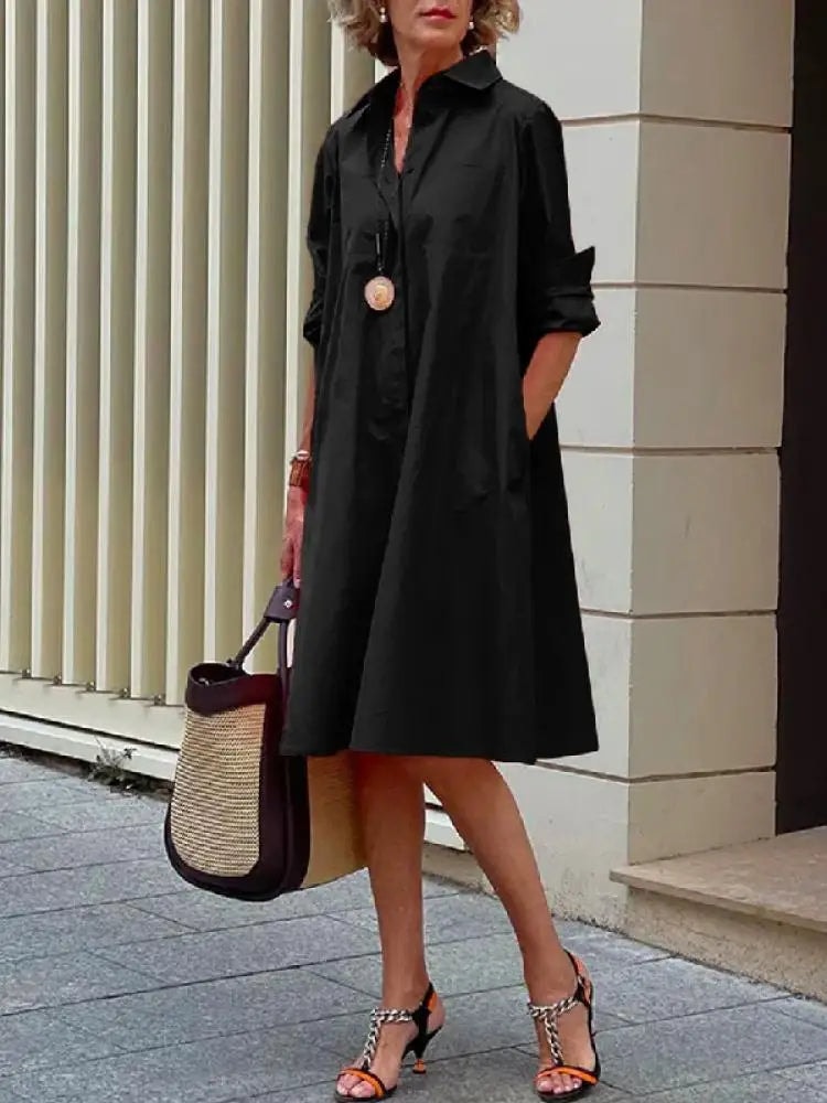 Women's Collared Linen Shirt Midi Dress with Loose Fit for Autumn