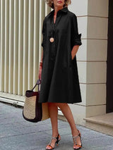 Women's Collared Linen Shirt Midi Dress with Loose Fit for Autumn