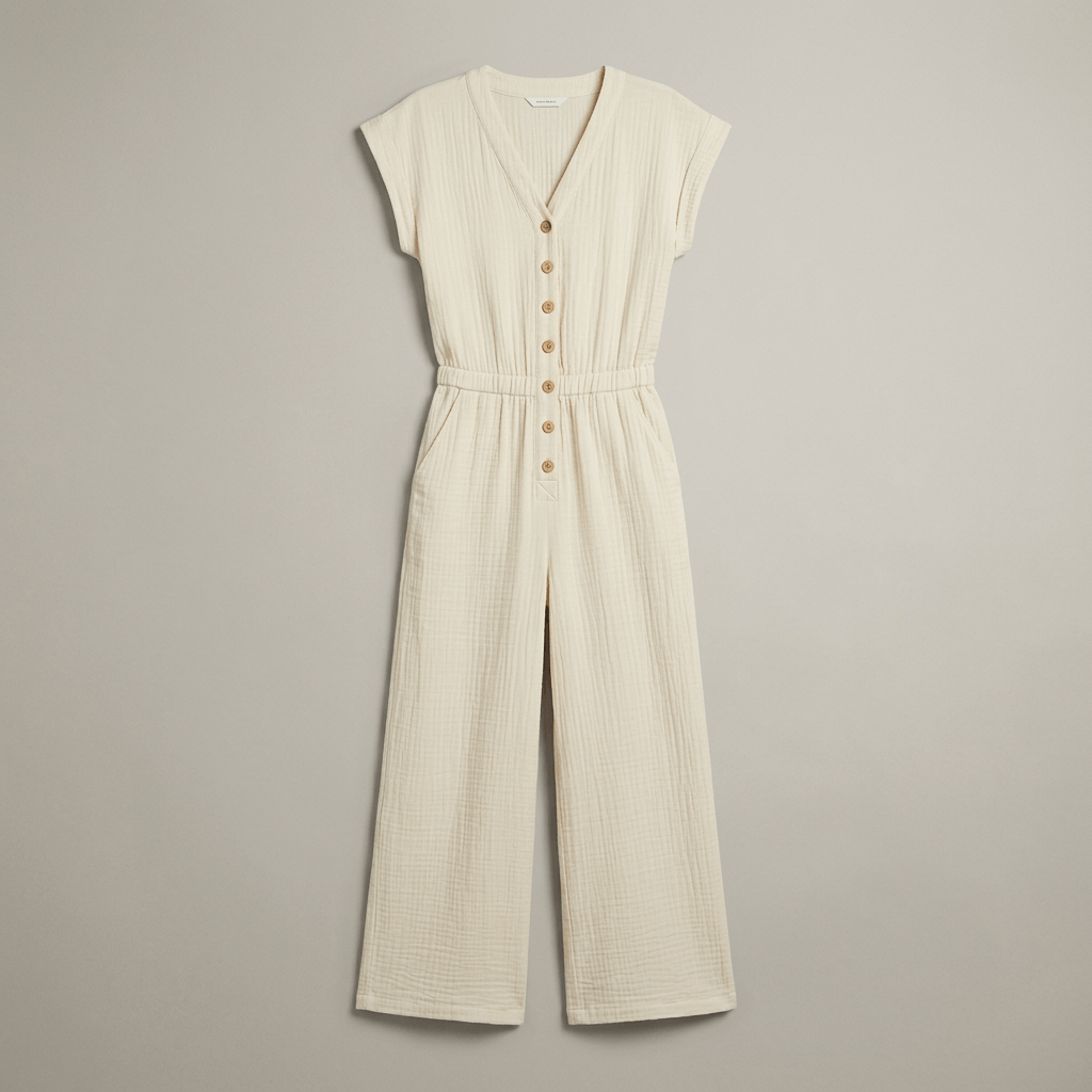 Wide-Leg Button-Front Jumpsuit with V-Neck Cap Sleeves and Side Pockets