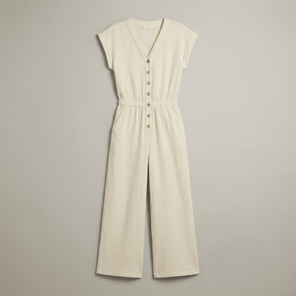 Wide-Leg Button-Front Jumpsuit with V-Neck Cap Sleeves and Side Pockets