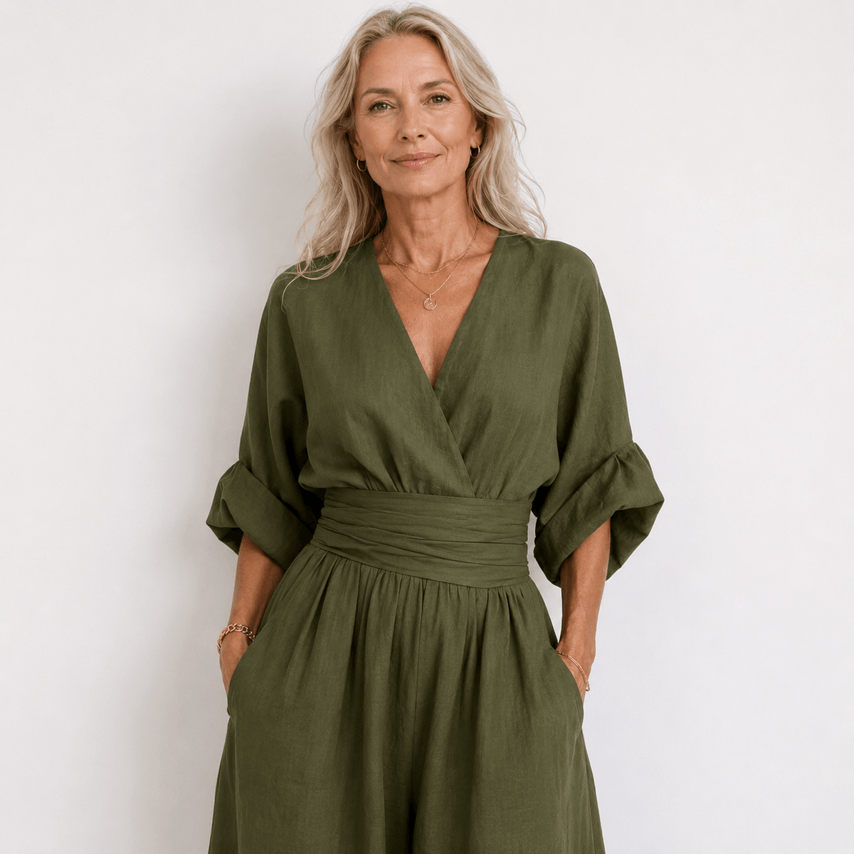 Sophia Merriweather Wide-Leg Linen Jumpsuit with Wrap Waist Tie