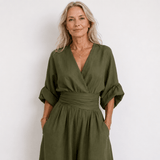 Sophia Merriweather Wide-Leg Linen Jumpsuit with Wrap Waist Tie