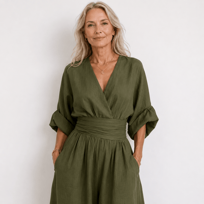 Sophia Merriweather Wide-Leg Linen Jumpsuit with Wrap Waist Tie