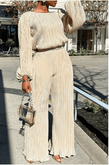 Women's Matching Two-Piece Set with Pleated Wide-Leg Pants and Balloon Sleeve Top