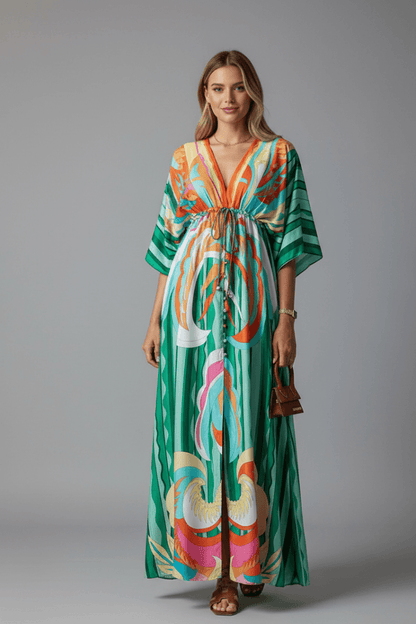 Serena Bellini | Bohemian Tropical Print Maxi Dress with Tie Waist