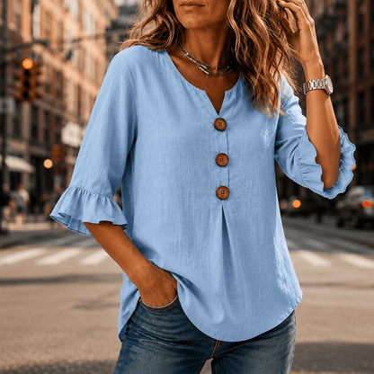 Laurelle V-Neck Ruffle Sleeve Blouse with Button Detail