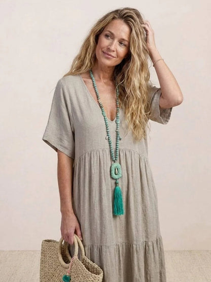 Women's Tiered Ruffle V-Neck Midi Dress with Short Sleeves in Polyester