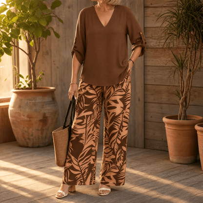 V-Neck Top and Leaf-Print Wide-Leg Two-Piece Set for Women