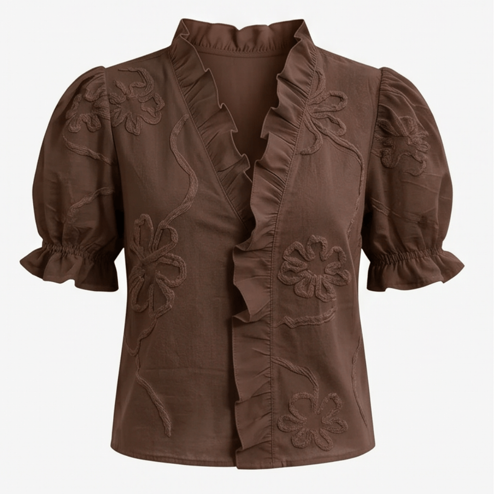 Embroidered Puff Sleeve Ruffled V-Neck Top for Women in Cotton