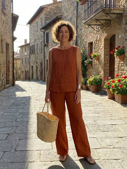 Sage Matching Linen Sleeveless Top and Wide-Leg Pants Two-Piece Set