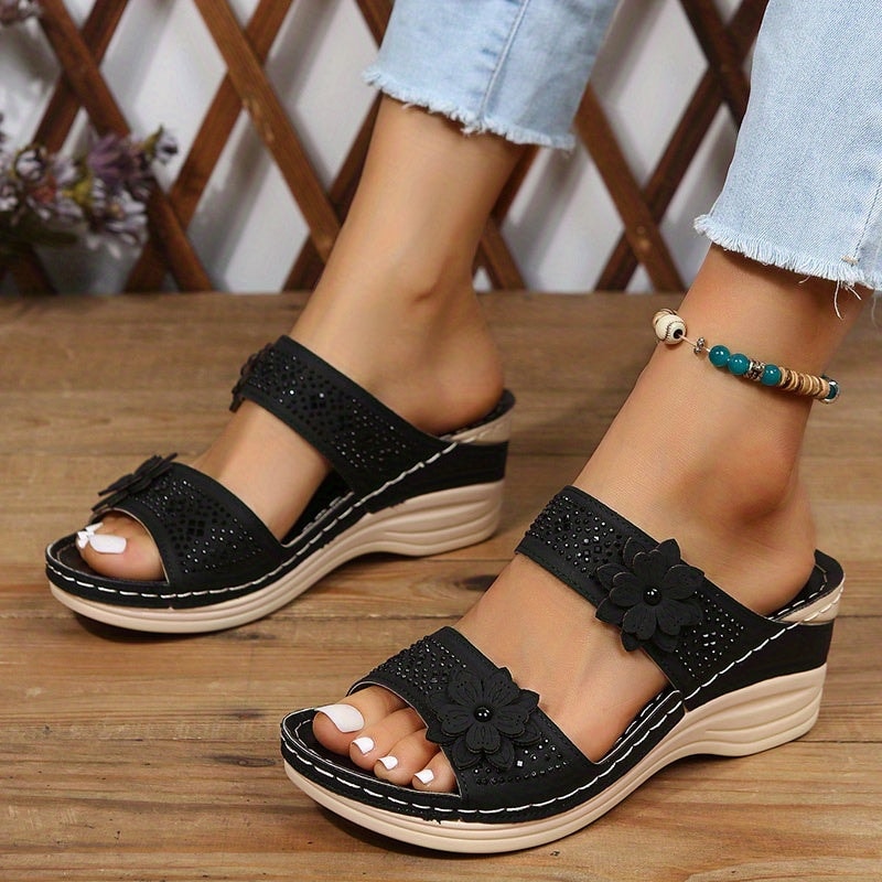 Delor Open-Toe Slide Sandals with Flower Detail and Rhinestone Wedge Sole