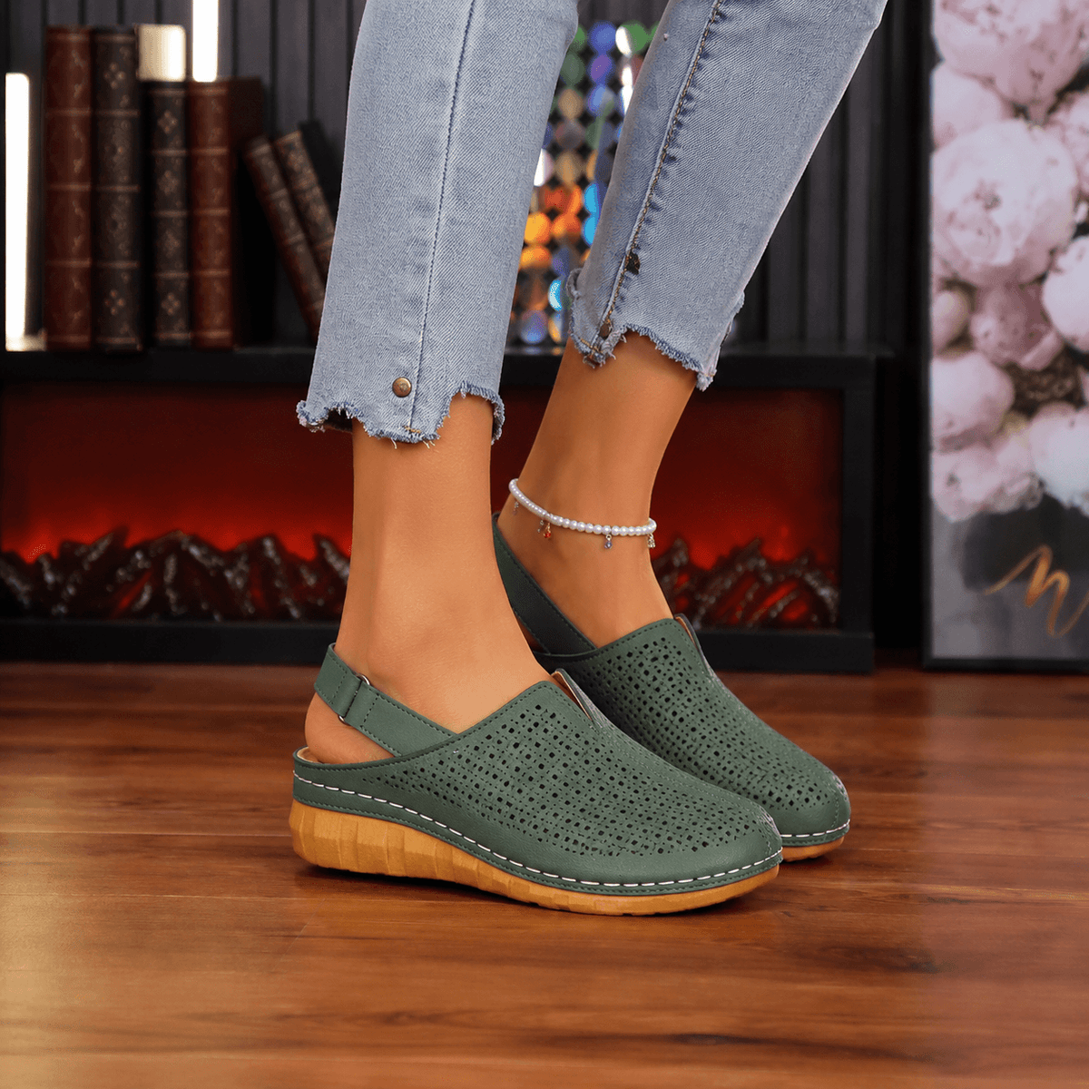 Perforated Wedge Slingback Sandals with Cushioned Sole for Women