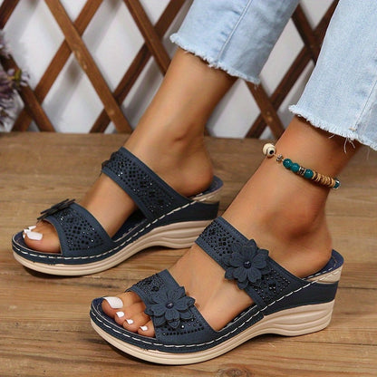 Delor Open-Toe Slide Sandals with Flower Detail and Rhinestone Wedge Sole