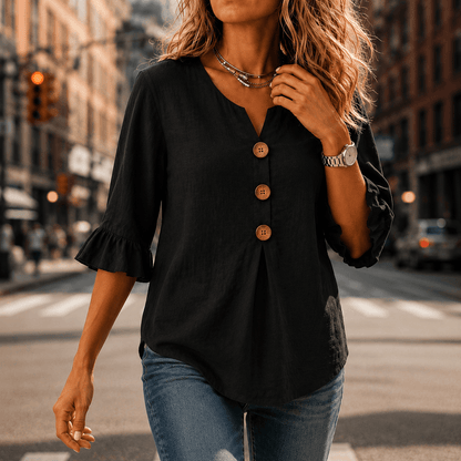 Laurelle V-Neck Ruffle Sleeve Blouse with Button Detail
