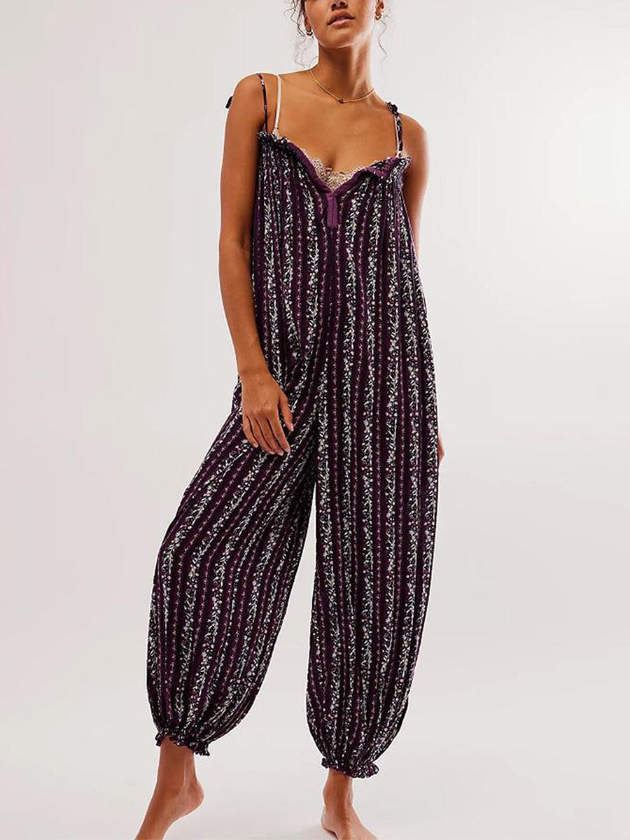 Women's Boho Harem Linen Jumpsuit with Tie-Shoulder Straps