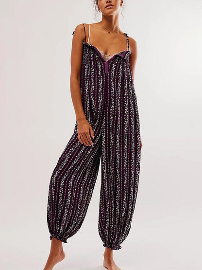 Women's Boho Harem Linen Jumpsuit with Tie-Shoulder Straps