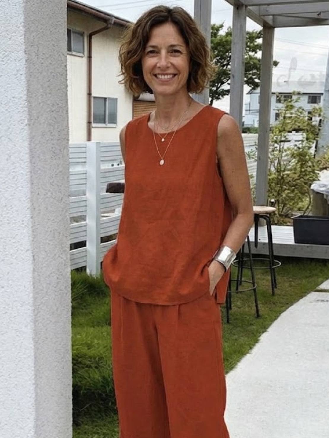 Sage Matching Linen Sleeveless Top and Wide-Leg Pants Two-Piece Set
