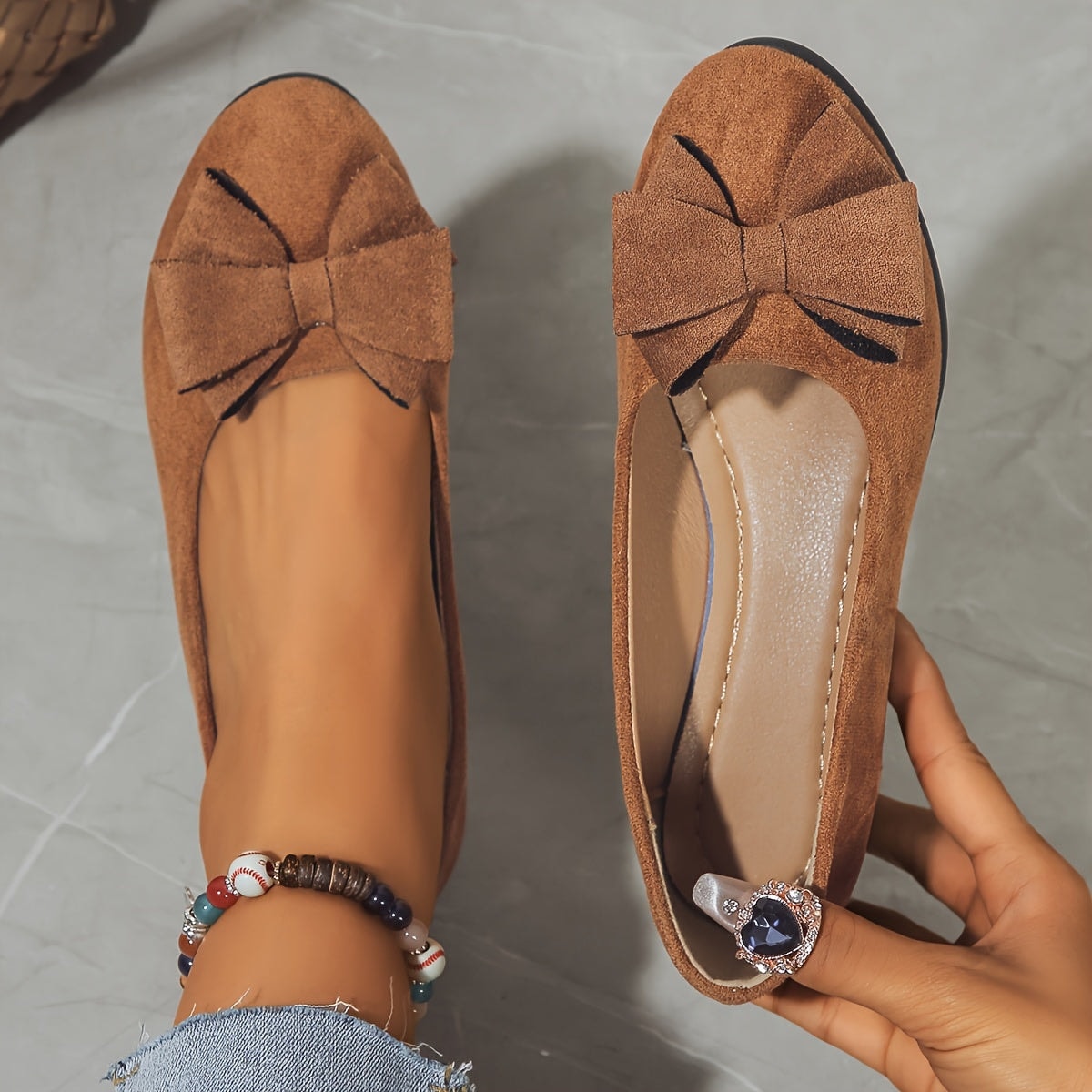Maisie Faux Suede Slip-On Wedge Ballet Flats with Bow and Rounded Toe