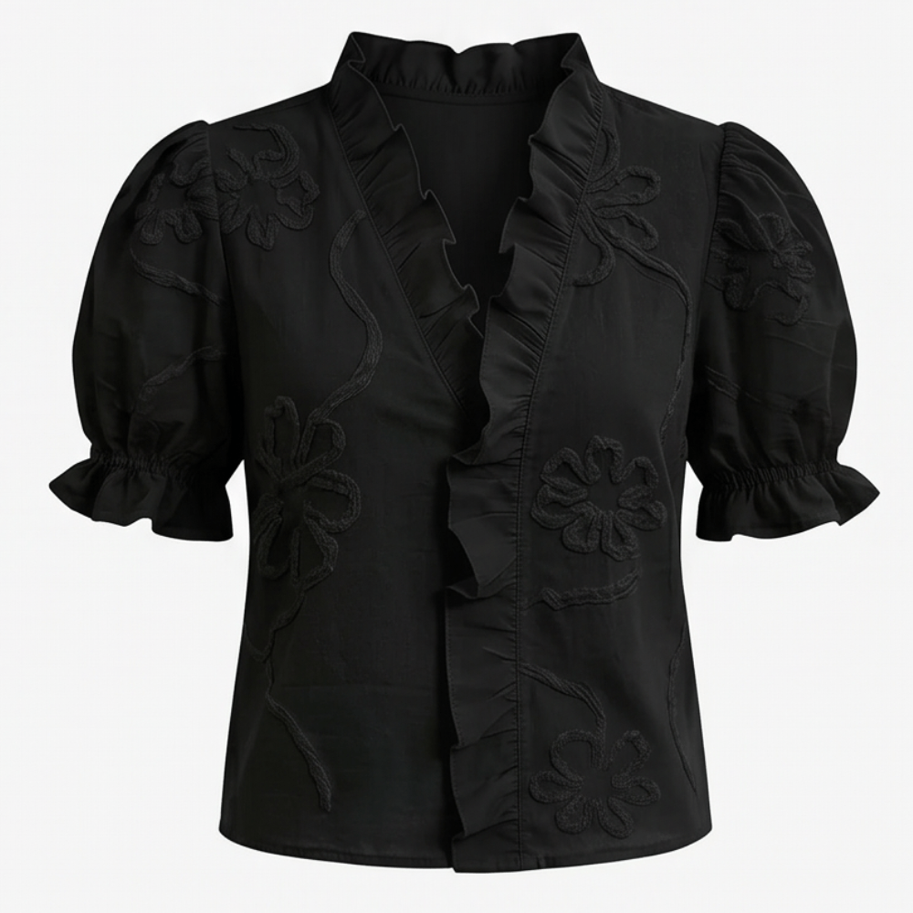 Embroidered Puff Sleeve Ruffled V-Neck Top for Women in Cotton