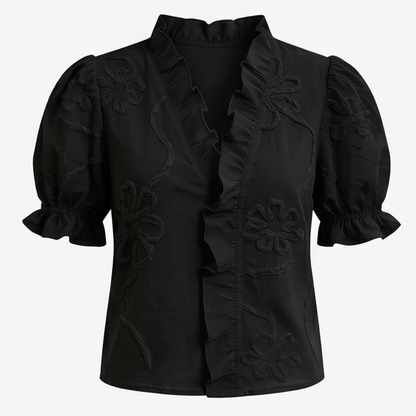 Embroidered Puff Sleeve Ruffled V-Neck Top for Women in Cotton