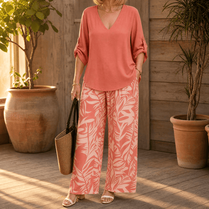 V-Neck Top and Leaf-Print Wide-Leg Two-Piece Set for Women