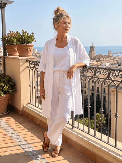 Linen Wide-Leg Pant and Duster Jacket Women's Two-Piece Co-Ord Set