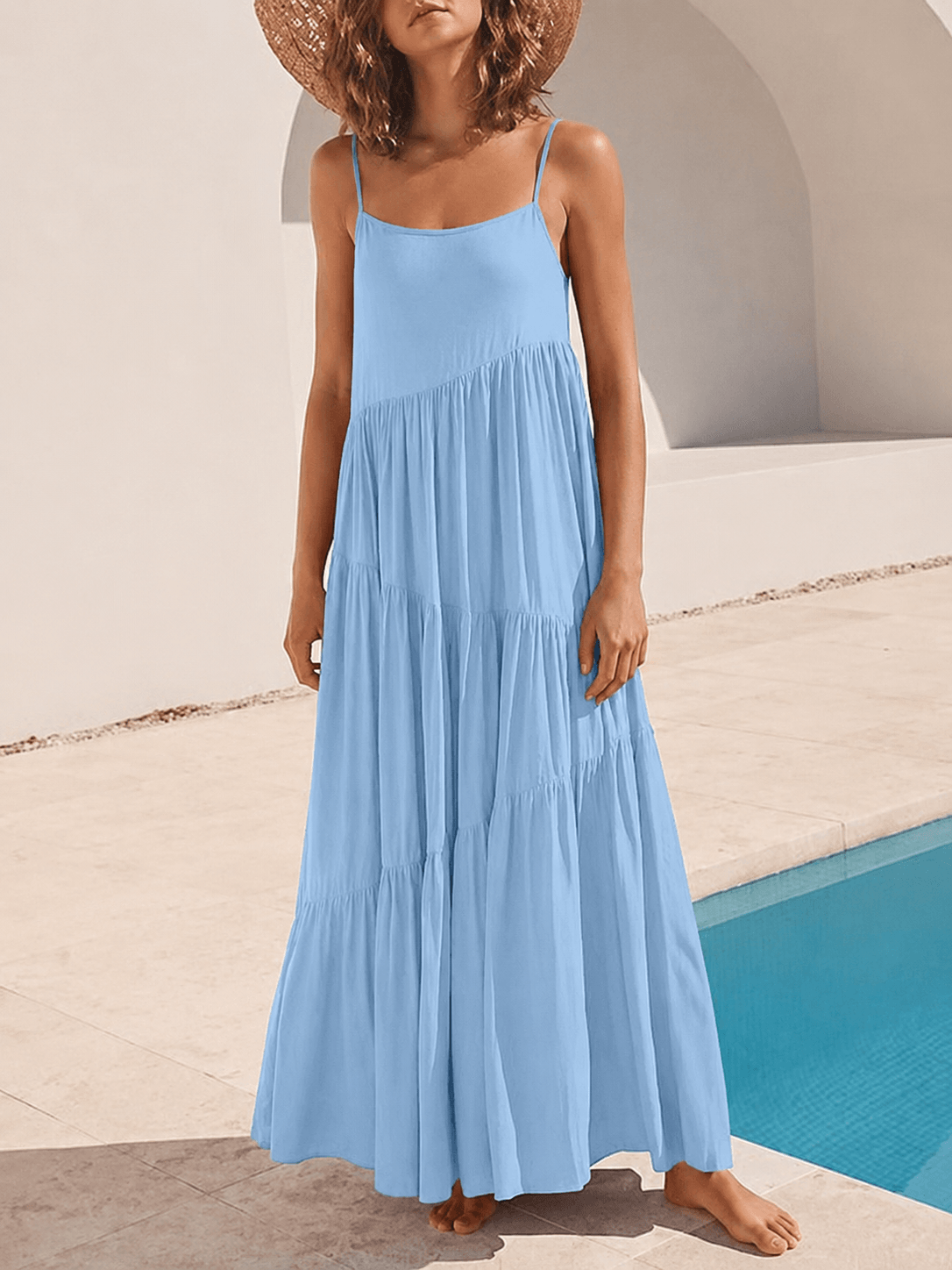 Charla Asymmetric Tiered Maxi Dress with Adjustable Straps for Summer