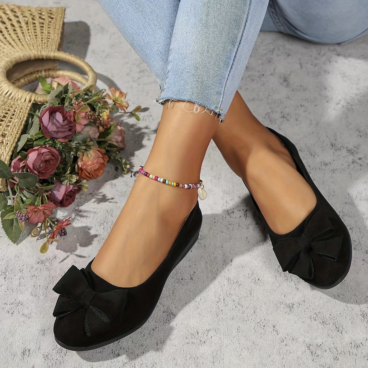 Maisie Faux Suede Slip-On Wedge Ballet Flats with Bow and Rounded Toe
