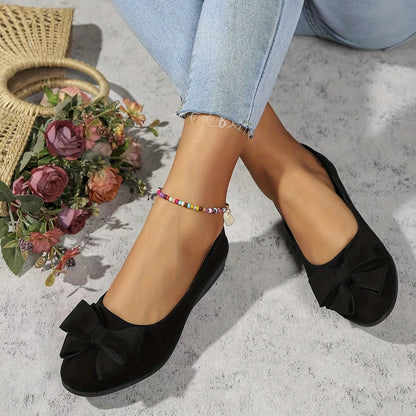 Maisie Faux Suede Slip-On Wedge Ballet Flats with Bow and Rounded Toe