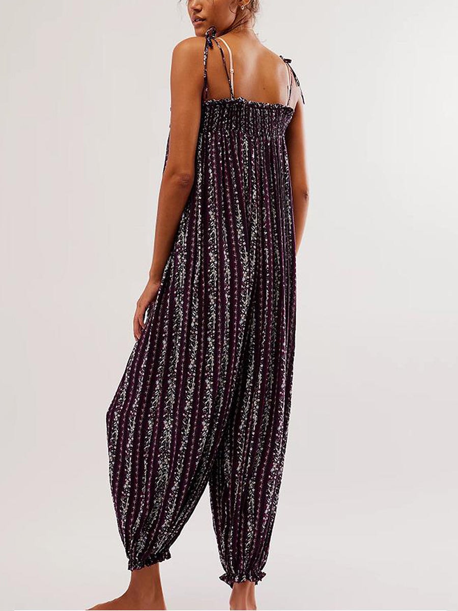 Women's Boho Harem Linen Jumpsuit with Tie-Shoulder Straps