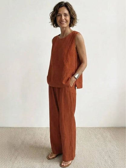 Sage Matching Linen Sleeveless Top and Wide-Leg Pants Two-Piece Set