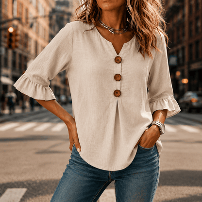Laurelle V-Neck Ruffle Sleeve Blouse with Button Detail