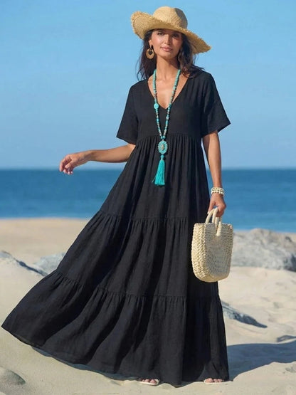 Women's Tiered Ruffle V-Neck Midi Dress with Short Sleeves in Polyester
