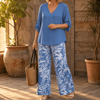 V-Neck Top and Leaf-Print Wide-Leg Two-Piece Set for Women