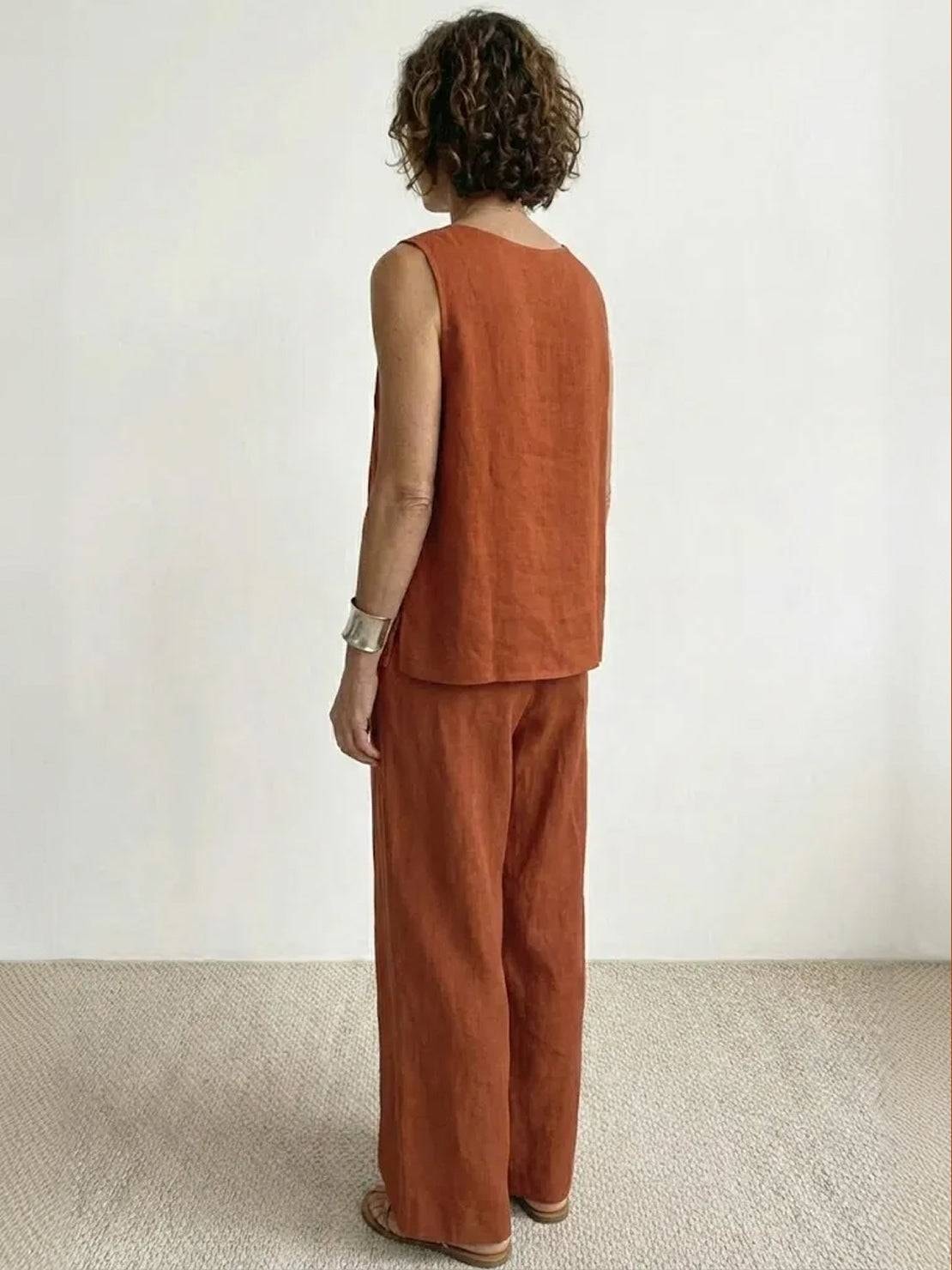 Sage Matching Linen Sleeveless Top and Wide-Leg Pants Two-Piece Set