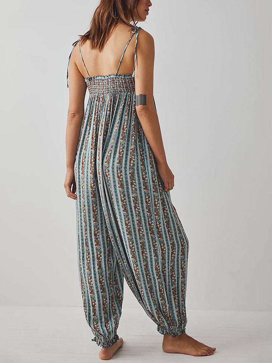 Women's Boho Harem Linen Jumpsuit with Tie-Shoulder Straps