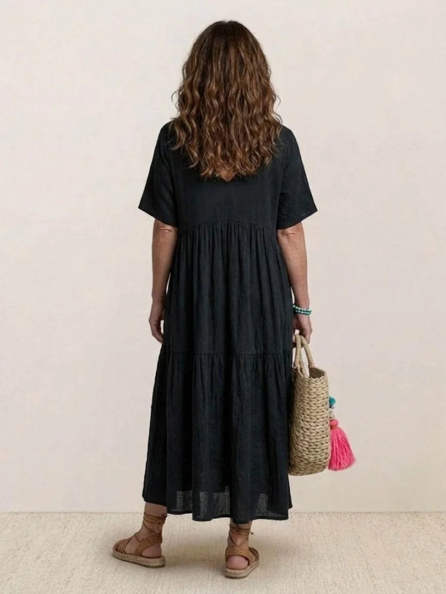 Women's Tiered Ruffle V-Neck Midi Dress with Short Sleeves in Polyester