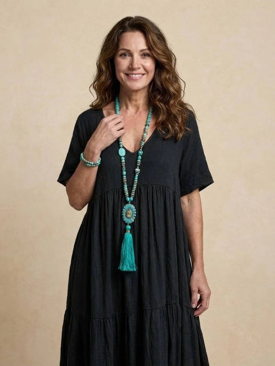Women's Tiered Ruffle V-Neck Midi Dress with Short Sleeves in Polyester