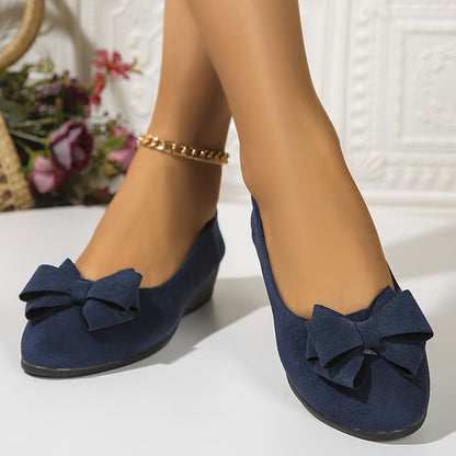 Maisie Faux Suede Slip-On Wedge Ballet Flats with Bow and Rounded Toe