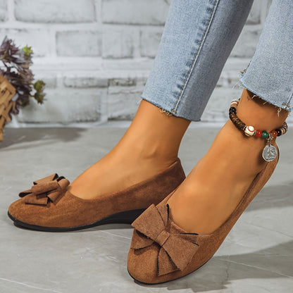 Maisie Faux Suede Slip-On Wedge Ballet Flats with Bow and Rounded Toe