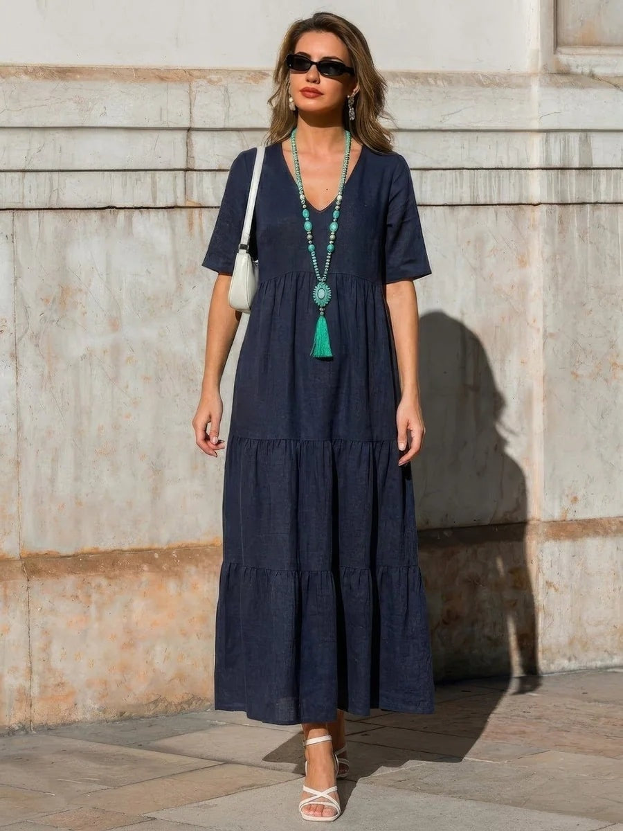 Women's Tiered Ruffle V-Neck Midi Dress with Short Sleeves in Polyester