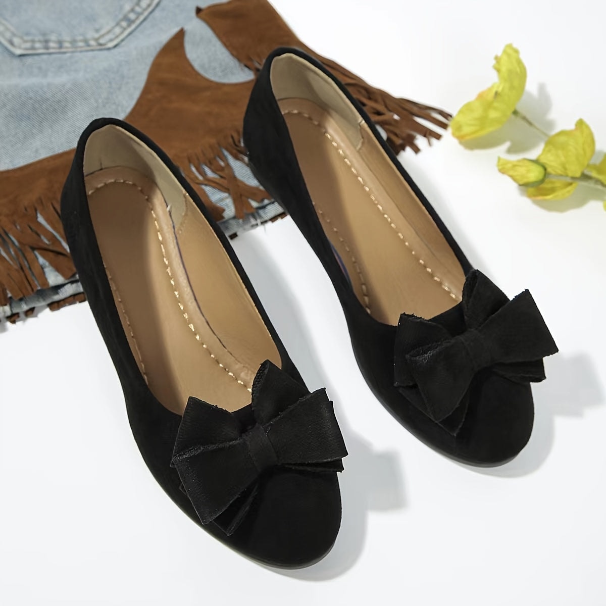 Maisie Faux Suede Slip-On Wedge Ballet Flats with Bow and Rounded Toe