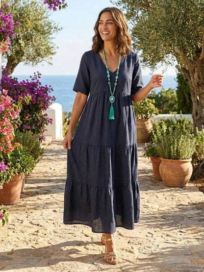 Women's Tiered Ruffle V-Neck Midi Dress with Short Sleeves in Polyester