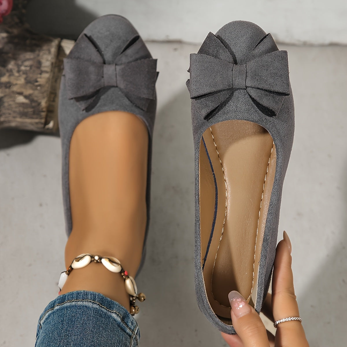 Maisie Faux Suede Slip-On Wedge Ballet Flats with Bow and Rounded Toe
