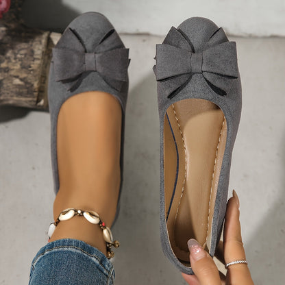 Maisie Faux Suede Slip-On Wedge Ballet Flats with Bow and Rounded Toe
