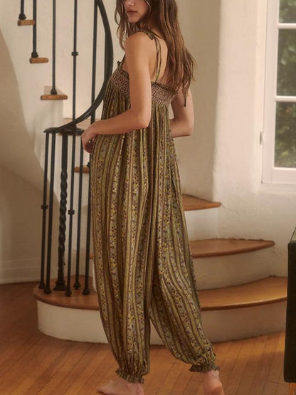 Women's Boho Harem Linen Jumpsuit with Tie-Shoulder Straps