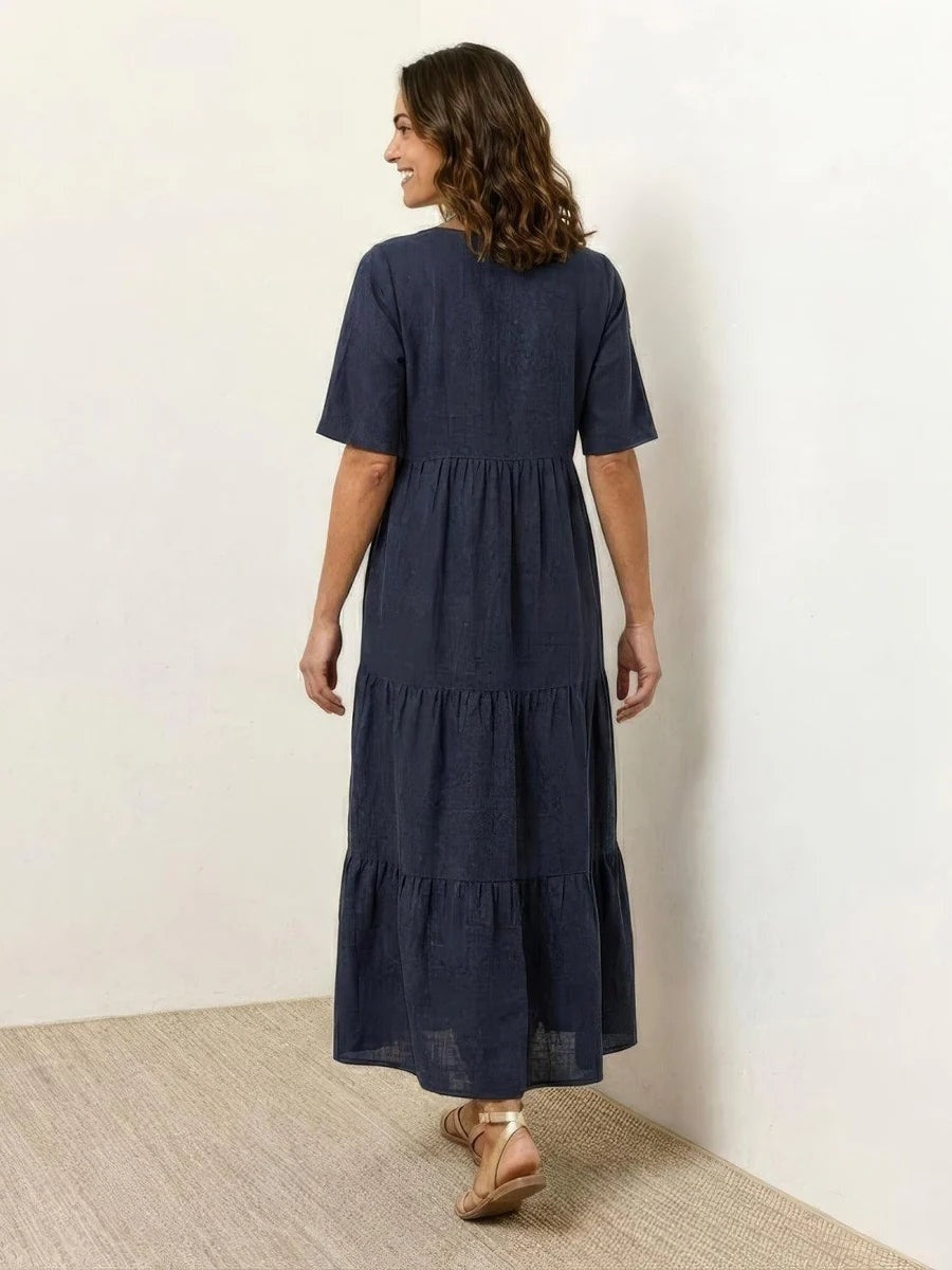 Women's Tiered Ruffle V-Neck Midi Dress with Short Sleeves in Polyester