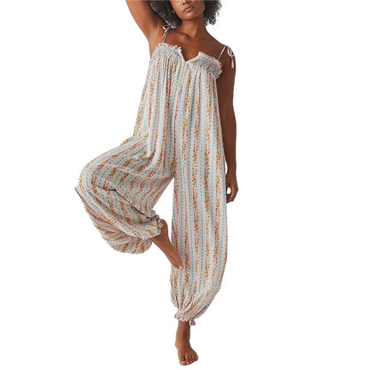 Women's Boho Harem Linen Jumpsuit with Tie-Shoulder Straps