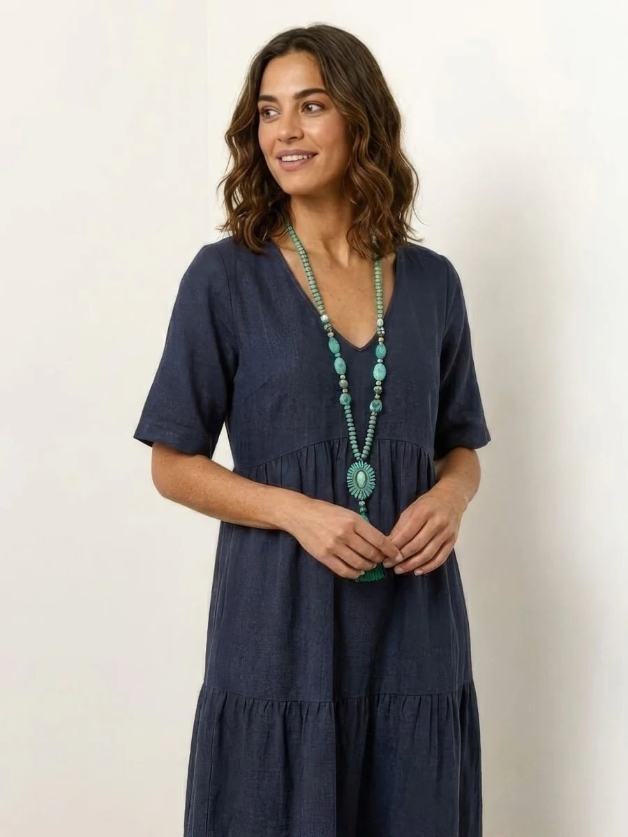 Women's Tiered Ruffle V-Neck Midi Dress with Short Sleeves in Polyester
