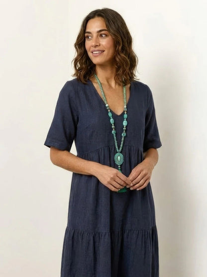 Women's Tiered Ruffle V-Neck Midi Dress with Short Sleeves in Polyester